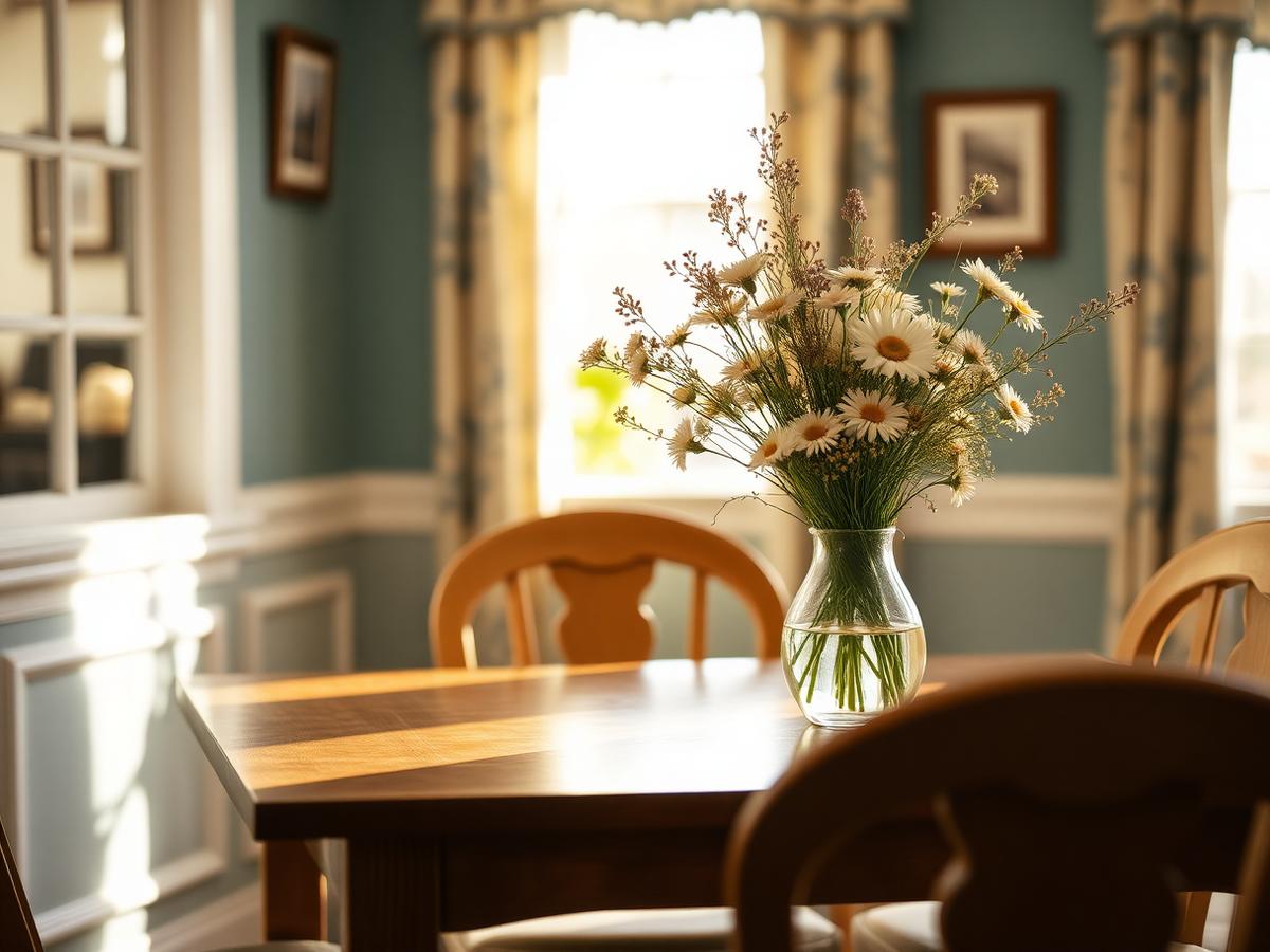 A warm dining room inside a residential care home, with wildflowers on a wooden table.